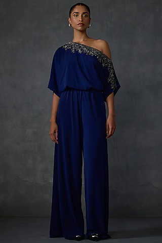 Blueberry Colored Jersey Hand & Machine Embellished Jumpsuit by Namrata Joshipura