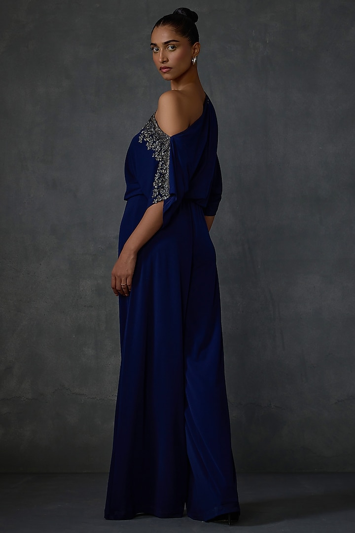 Blueberry Colored Jersey Hand & Machine Embellished Jumpsuit by Namrata Joshipura at Pernia's Pop Up Shop