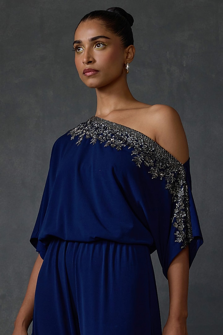 Blueberry Colored Jersey Hand & Machine Embellished Jumpsuit by Namrata Joshipura at Pernia's Pop Up Shop