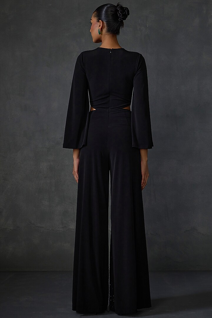 Black Jersey Floral Hand Embellished Jumpsuit by Namrata Joshipura at Pernia's Pop Up Shop