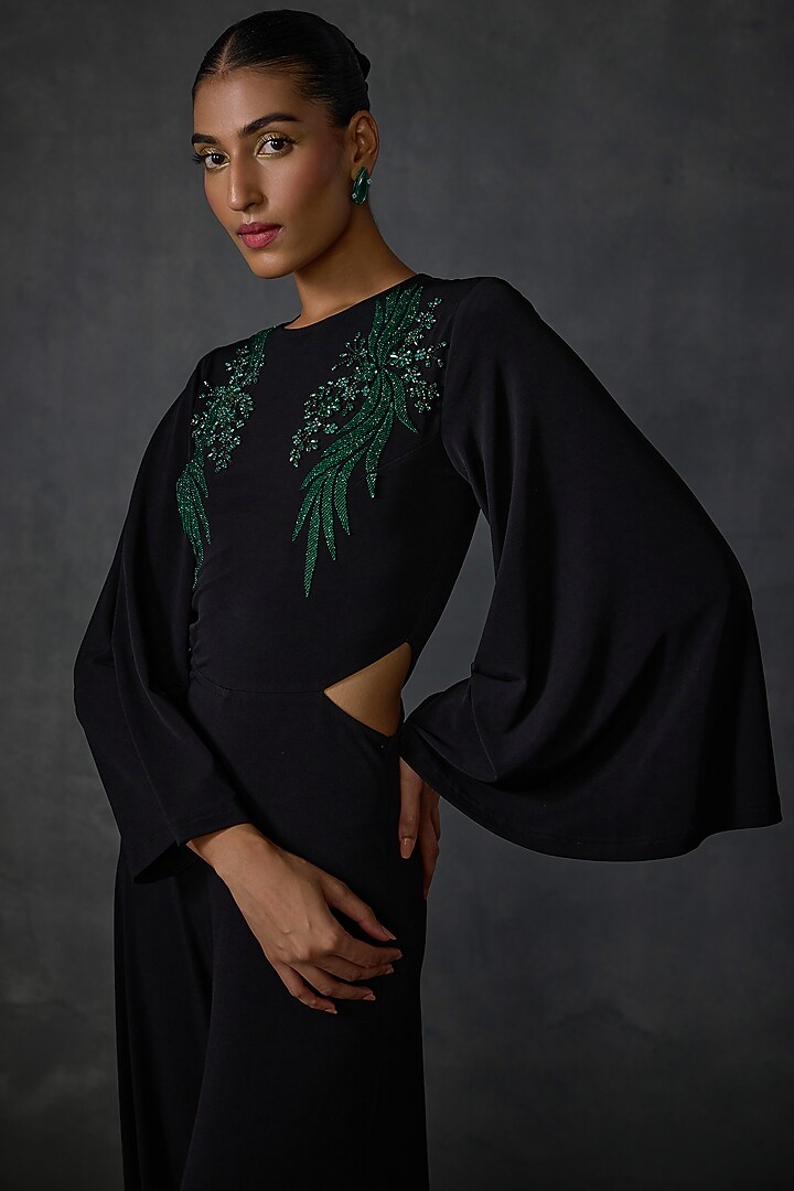 Black Jersey Floral Hand Embellished Jumpsuit by Namrata Joshipura at Pernia's Pop Up Shop