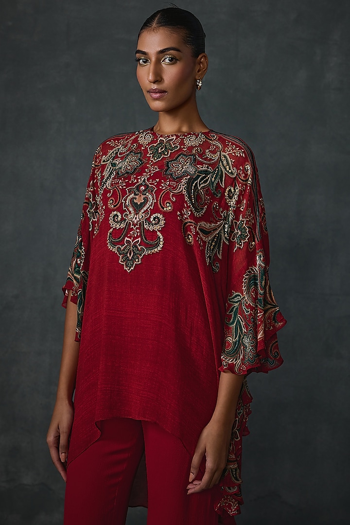 Cherry Red Georgette Paisley Printed Tunic by Namrata Joshipura at Pernia's Pop Up Shop