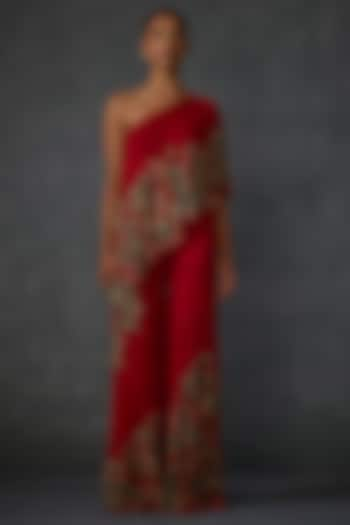 Cherry Red Georgette Paisley Embellished One-Shoulder Jumpsuit by Namrata Joshipura at Pernia's Pop Up Shop