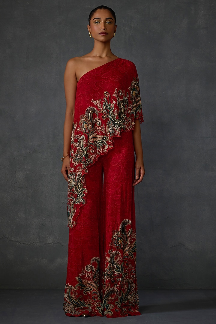 Cherry Red Georgette Paisley Embellished One-Shoulder Jumpsuit by Namrata Joshipura at Pernia's Pop Up Shop