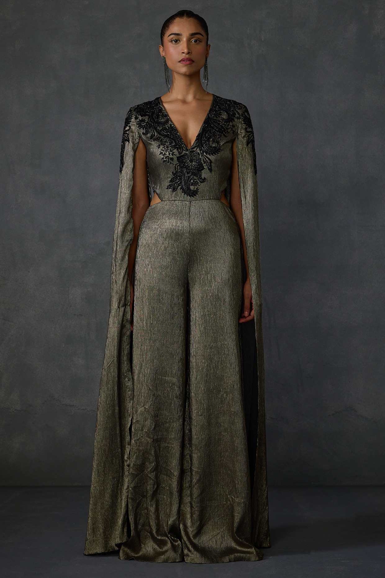 Shimmer Gold Chiffon Paisley Embellished Jumpsuit by Namrata