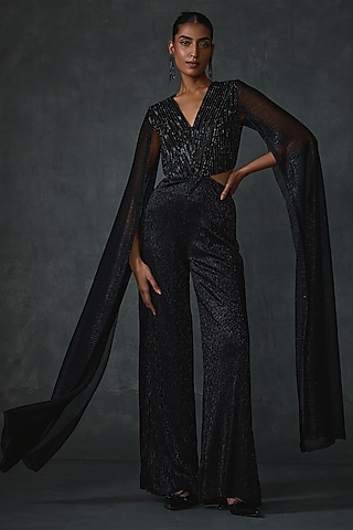 Black Crepe Hand & Machine Embellished Jumpsuit by Namrata Joshipura