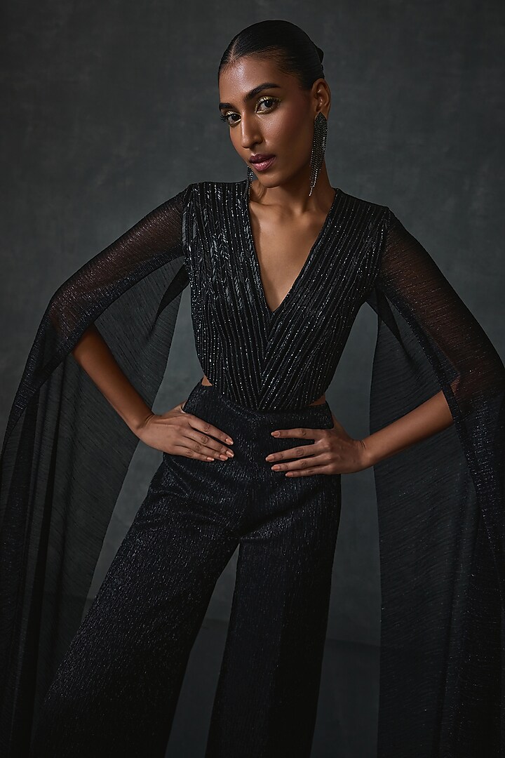 Black Crepe Hand & Machine Embellished Jumpsuit by Namrata Joshipura at Pernia's Pop Up Shop