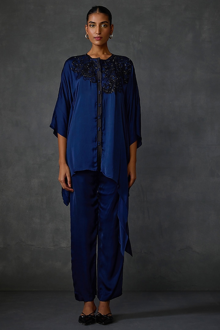 Blue Satin Paisley Hand & Machine Embellished Co-Ord Set by Namrata Joshipura at Pernia's Pop Up Shop