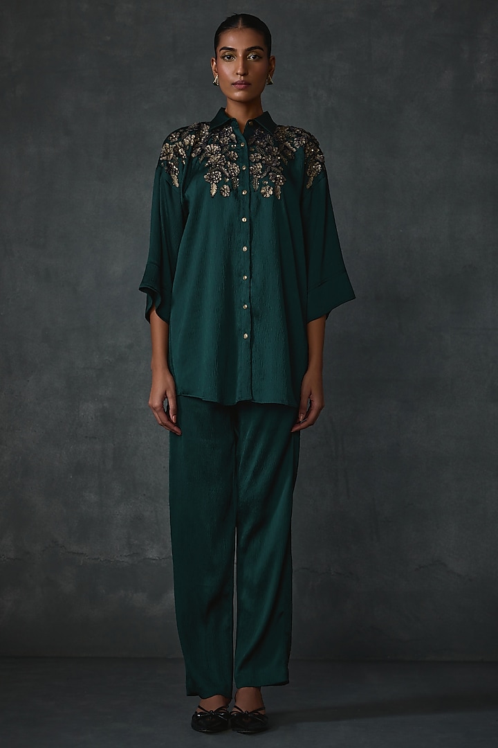 Hunter Green Satin Floral Hand & Machine Embellished Co-Ord Set by Namrata Joshipura at Pernia's Pop Up Shop