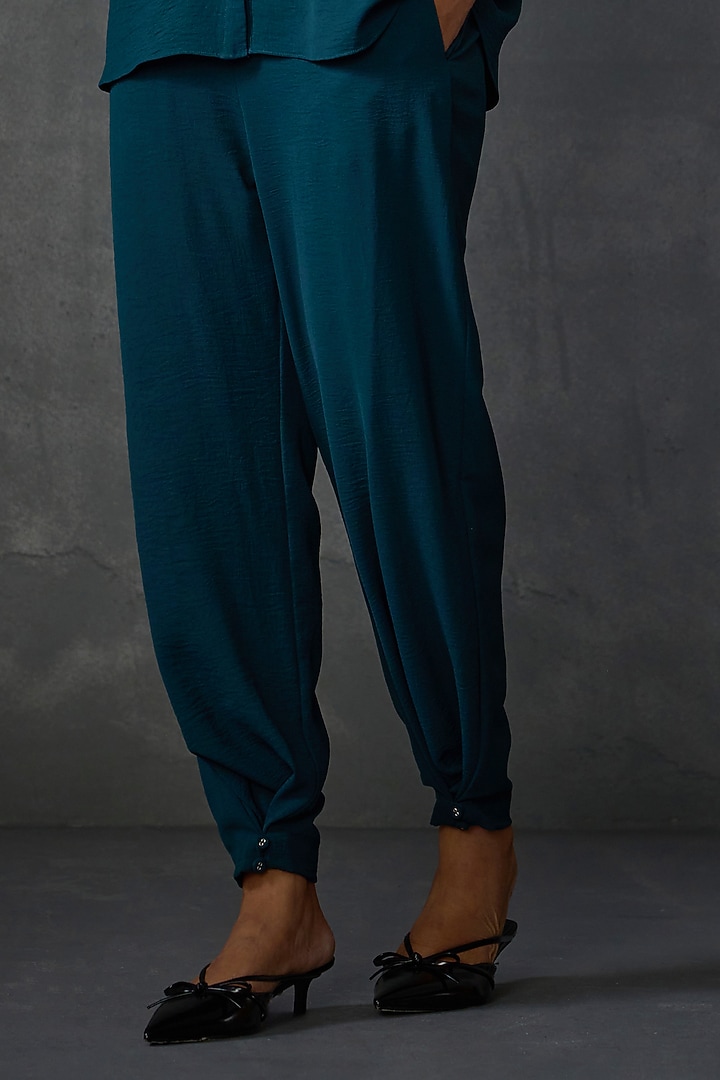 Teal Green Textured Crepe Floral Hand Embellished Co-Ord Set by Namrata Joshipura at Pernia's Pop Up Shop