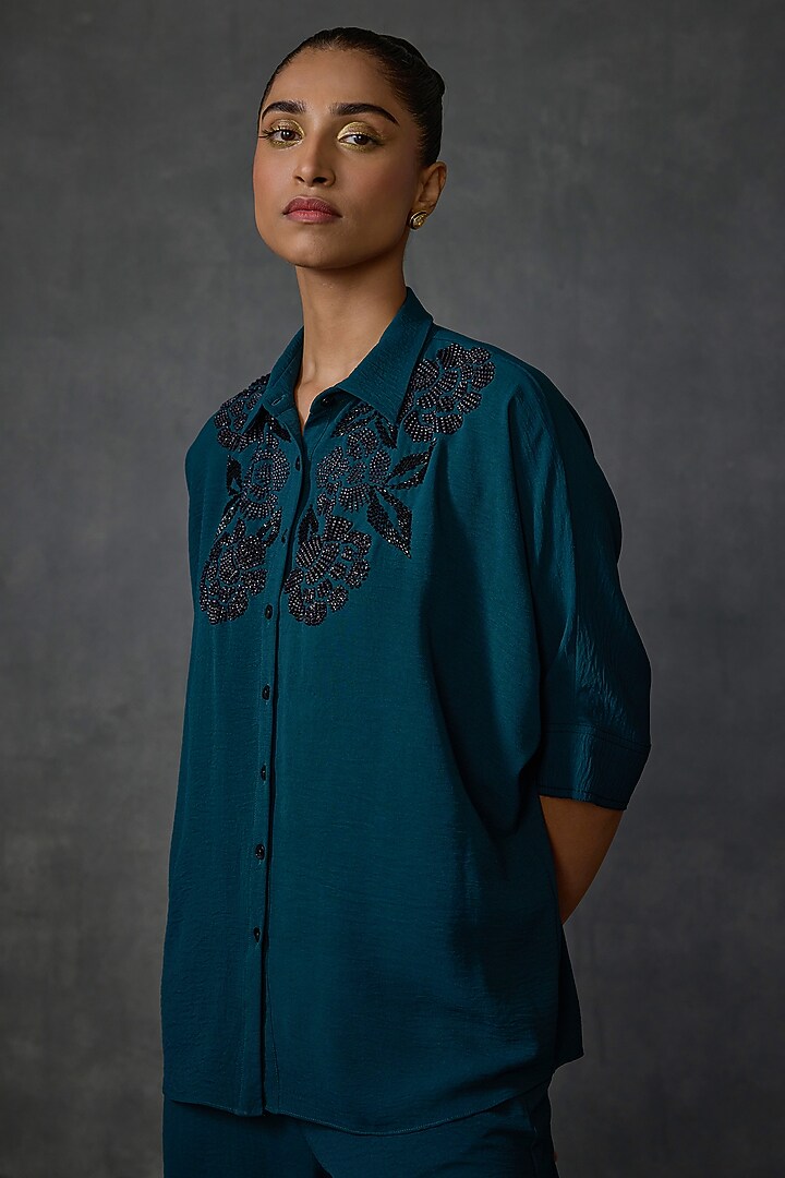 Teal Green Textured Crepe Floral Hand Embellished Co-Ord Set by Namrata Joshipura at Pernia's Pop Up Shop