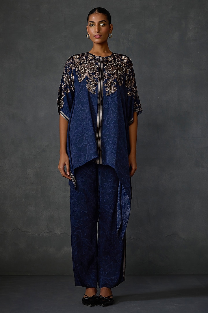 Blue Satin Paisley Hand Embellished Co-Ord Set by Namrata Joshipura at Pernia's Pop Up Shop