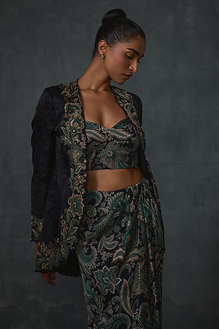 Black Satin Paisley Hand Embellished Skirt Set by Namrata Joshipura at Pernia's Pop Up Shop