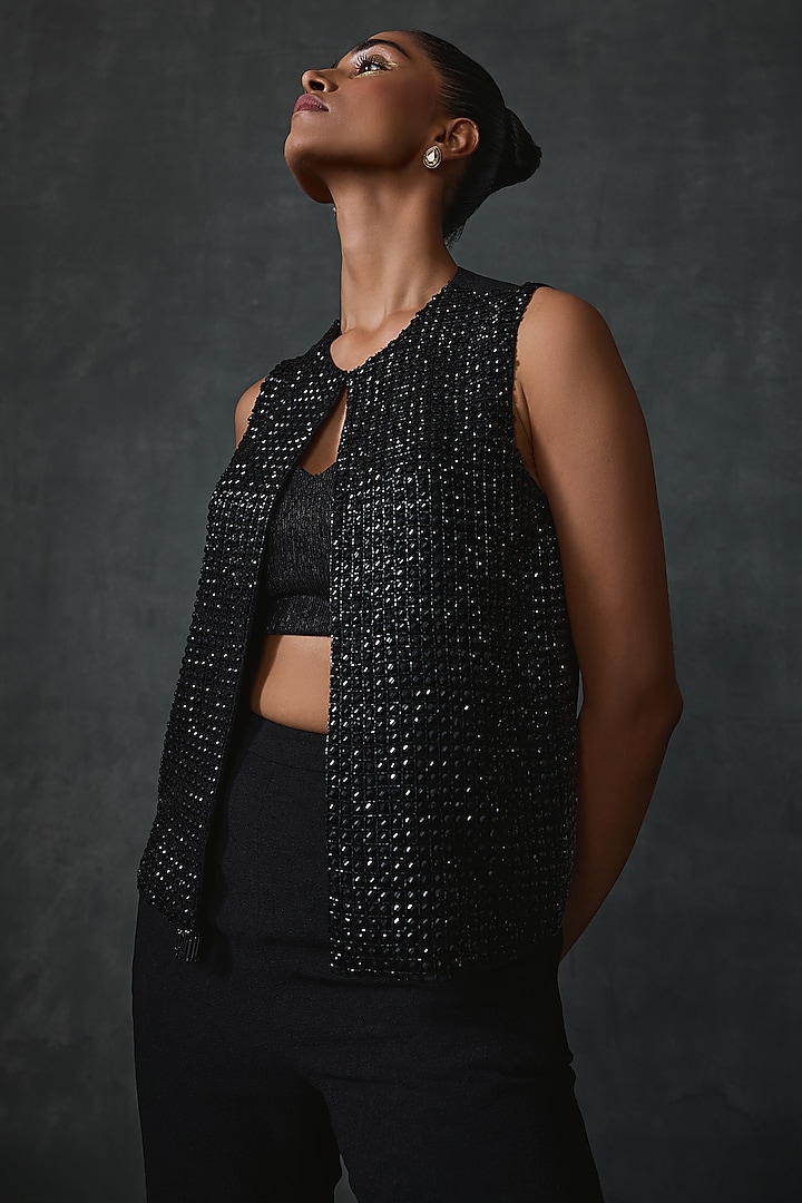 Black Jute Crepe Geometric Hand Embellished Open Jacket by Namrata Joshipura at Pernia's Pop Up Shop