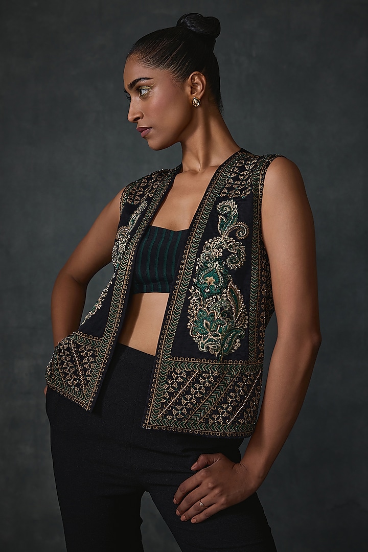 Black Satin Paisley Hand Embellished Open Jacket by Namrata Joshipura at Pernia's Pop Up Shop