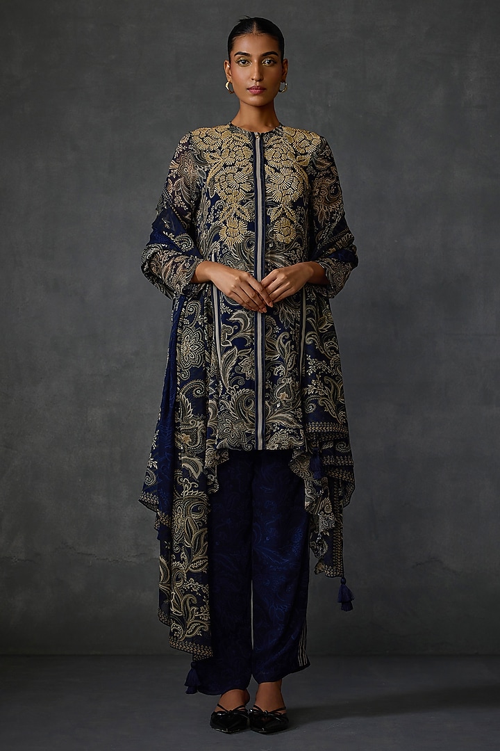 Blueberry Satin Floral Hand Embellished Asymmetrical Kurta Set by Namrata Joshipura at Pernia's Pop Up Shop