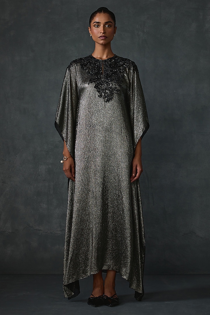 Shimmer Gold Chiffon Hand Embellished Kaftan by Namrata Joshipura at Pernia's Pop Up Shop