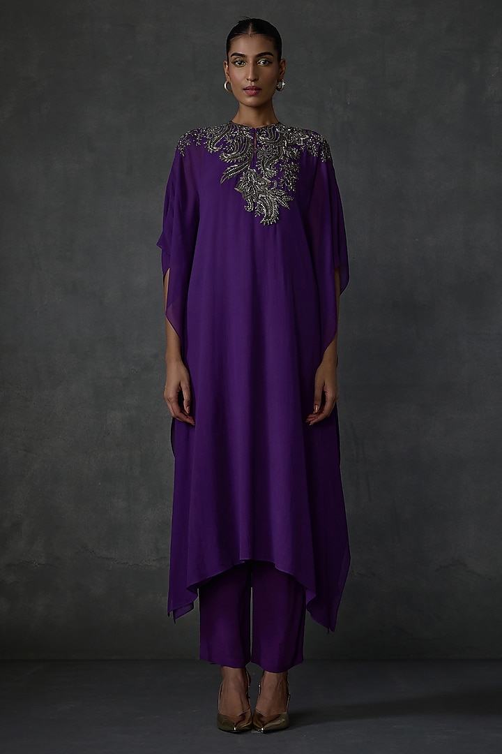 Purple Georgette Paisley Hand Embellished Kaftan Set by Namrata Joshipura at Pernia's Pop Up Shop