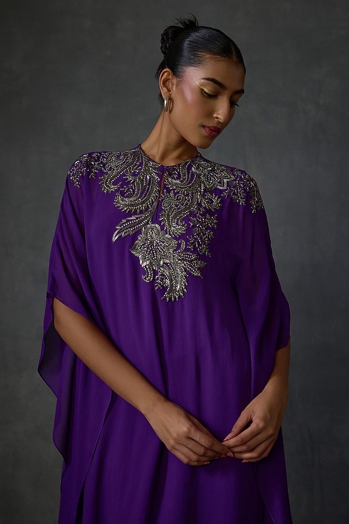 Purple Georgette Paisley Hand Embellished Kaftan Set by Namrata Joshipura at Pernia's Pop Up Shop