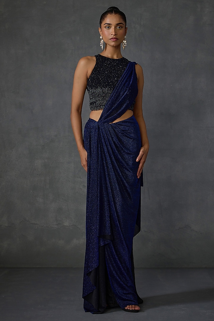 Blueberry Shimmer Jersey Hand Embellished Draped Saree Set by Namrata Joshipura at Pernia's Pop Up Shop