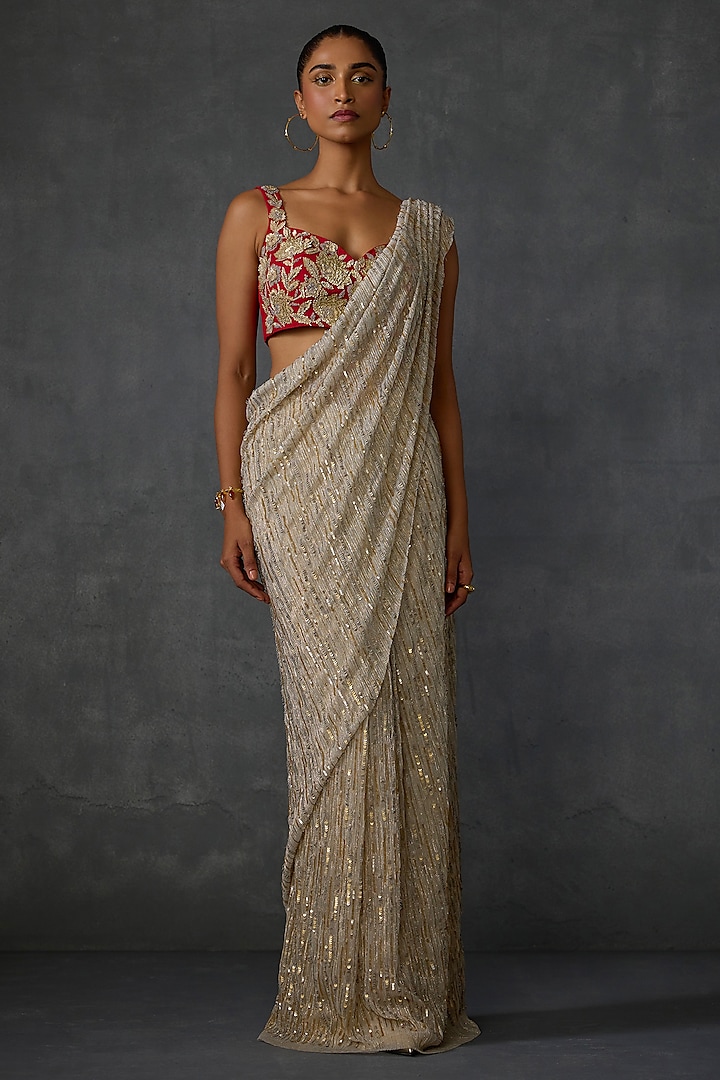 Beige Gold Shimmer Crepe Floral Hand Embellished Draped Saree Set by Namrata Joshipura at Pernia's Pop Up Shop