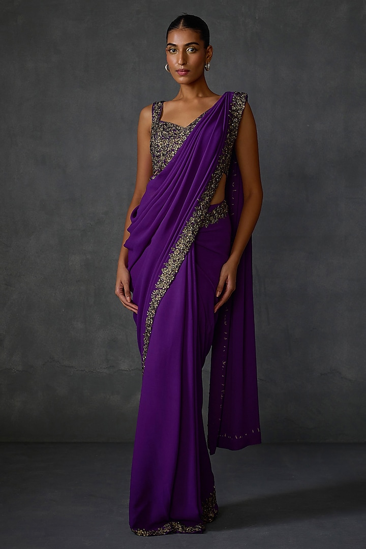 Purple Georgette Floral Hand & Machine Embellished Draped Saree Set by Namrata Joshipura at Pernia's Pop Up Shop