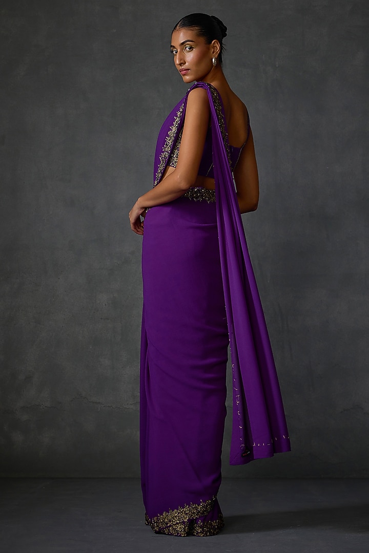 Purple Georgette Floral Hand & Machine Embellished Draped Reception Saree Set by Namrata Joshipura at Pernia's Pop Up Shop