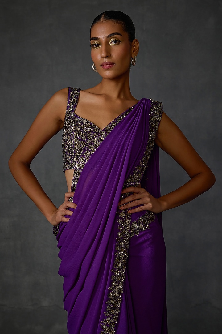 Purple Georgette Floral Hand & Machine Embellished Draped Reception Saree Set by Namrata Joshipura at Pernia's Pop Up Shop