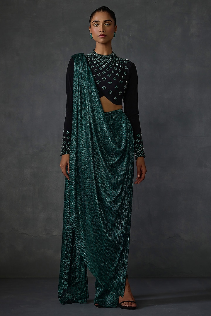 Green Shimmer Crepe Jewel Hand Embellished Draped Saree Set by Namrata Joshipura at Pernia's Pop Up Shop