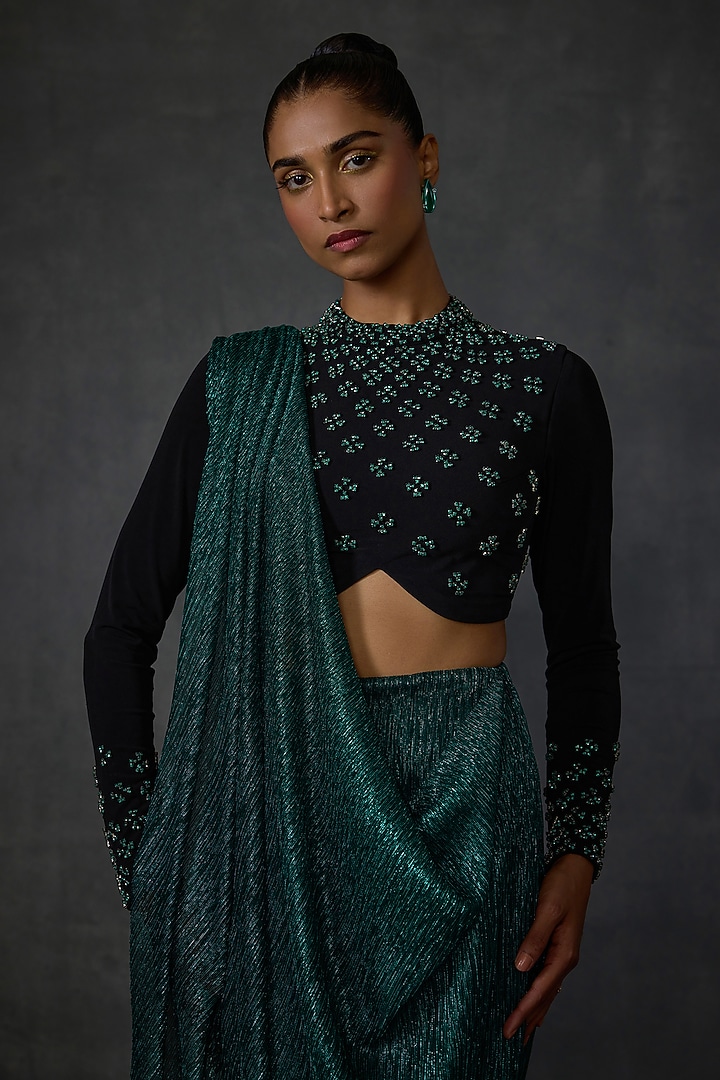 Green Shimmer Crepe Jewel Hand Embellished Draped Wedding Saree Set by Namrata Joshipura at Pernia's Pop Up Shop