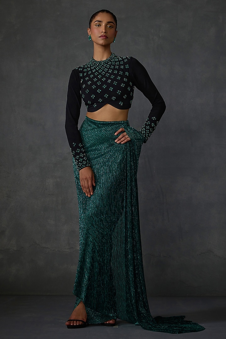 Green Shimmer Crepe Jewel Hand Embellished Draped Wedding Saree Set by Namrata Joshipura at Pernia's Pop Up Shop