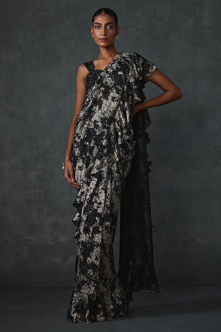 Black Shimmer Foil Crepe Floral Hand Embellished Draped Saree Set by Namrata Joshipura at Pernia's Pop Up Shop