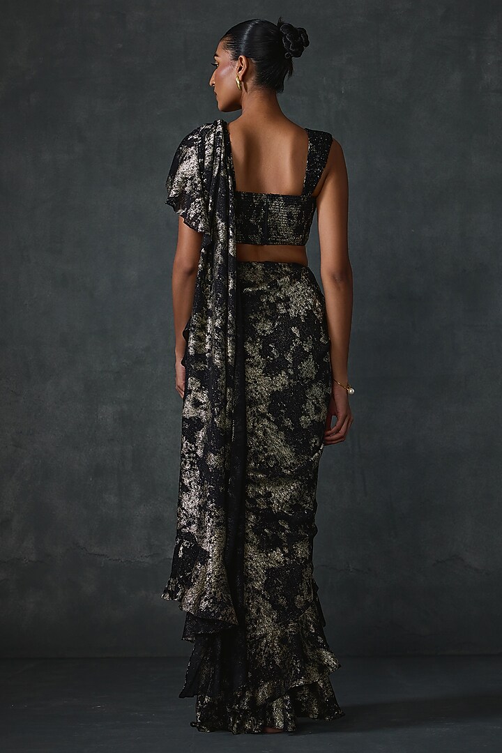 Black Shimmer Foil Crepe Floral Hand Embellished Draped Reception Saree Set by Namrata Joshipura at Pernia's Pop Up Shop