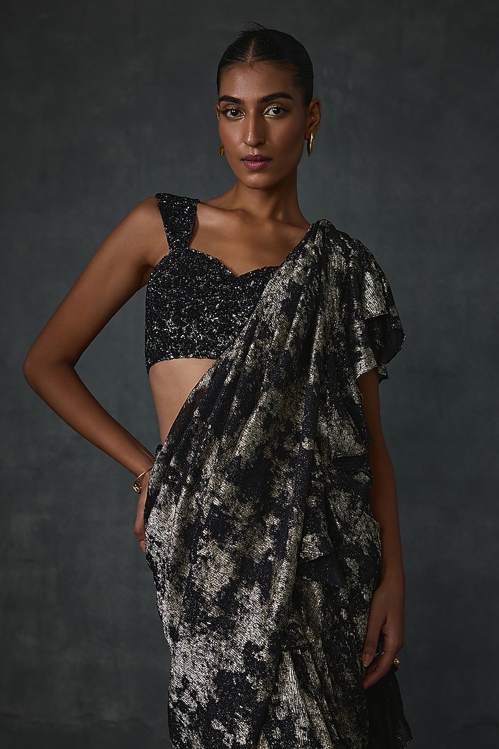 Black Shimmer Foil Crepe Floral Hand Embellished Draped Reception Saree Set by Namrata Joshipura at Pernia's Pop Up Shop