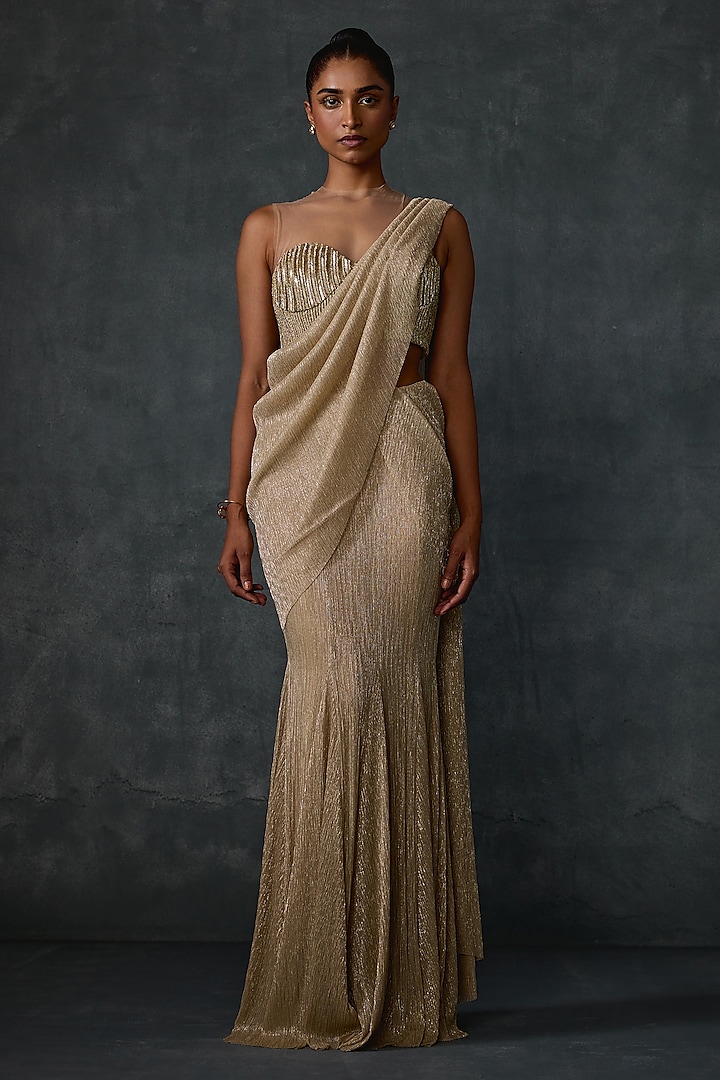 Gold Shimmer Crepe Hand Embellished Draped Saree Set by Namrata Joshipura at Pernia's Pop Up Shop