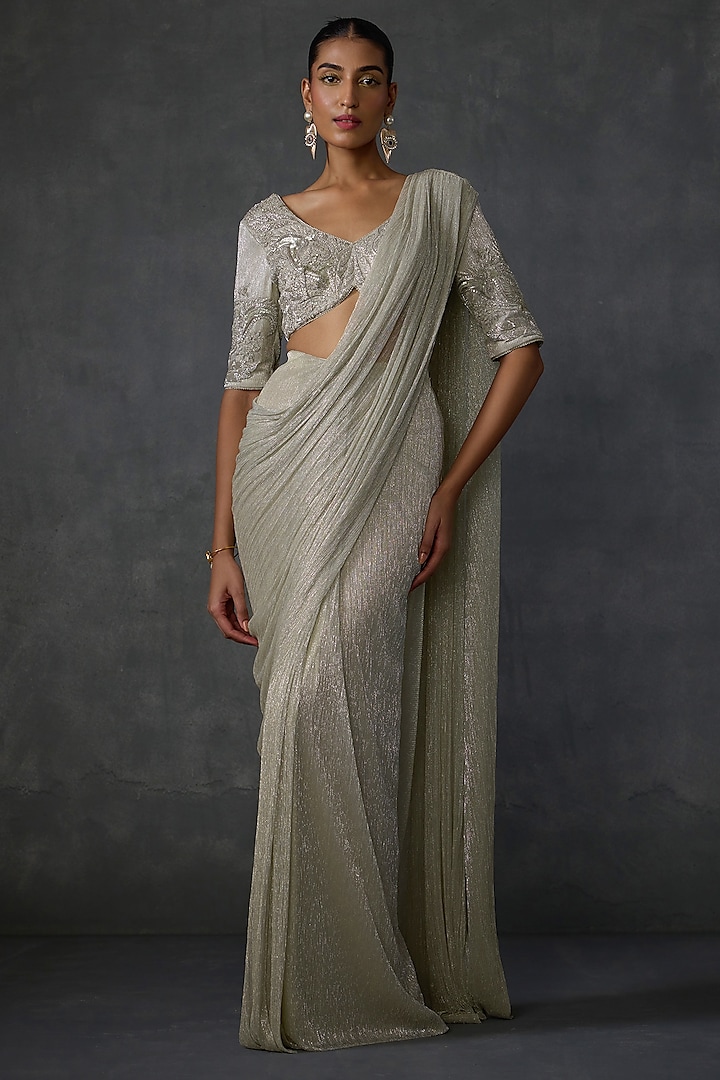 Metallic Silver Shimmer Crepe Paisley Hand Embellished Draped Saree Set by Namrata Joshipura at Pernia's Pop Up Shop