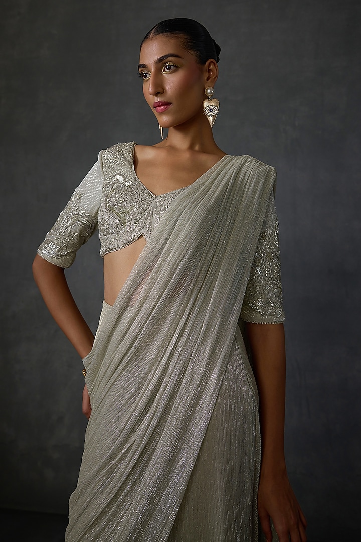Metallic Silver Shimmer Crepe Paisley Hand Embellished Draped Reception Saree Set by Namrata Joshipura at Pernia's Pop Up Shop