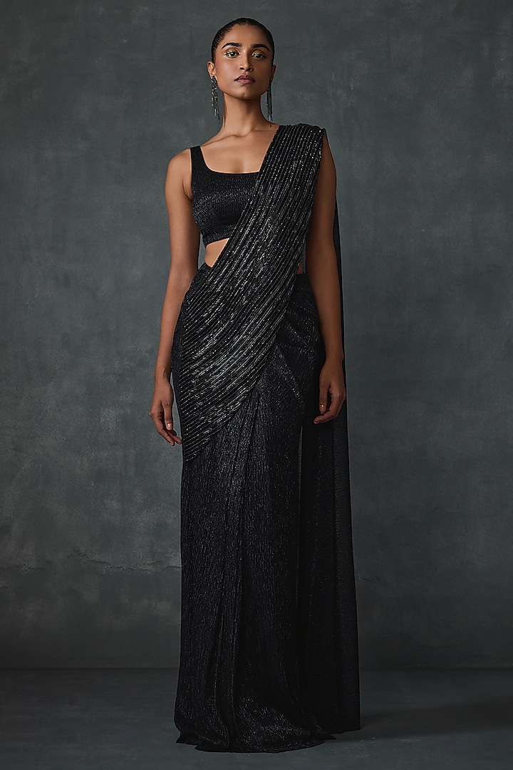 Black Shimmer Crepe Code Hand & Machine Embellished Draped Saree Set by Namrata Joshipura at Pernia's Pop Up Shop