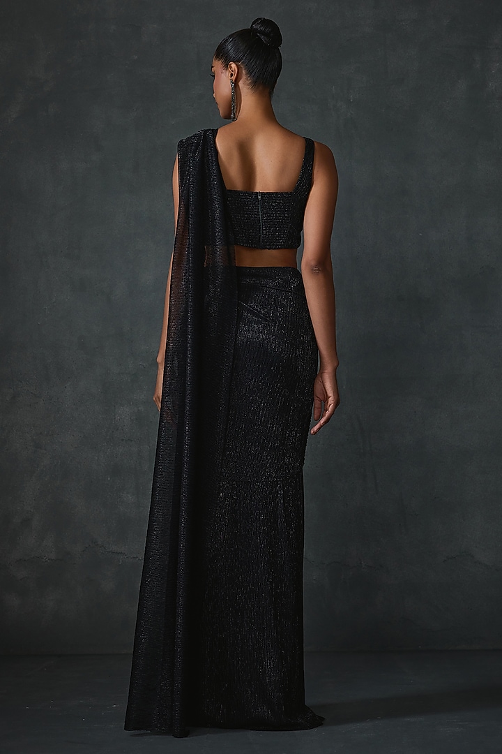 Black Shimmer Crepe Code Hand & Machine Embellished Draped Reception Saree Set by Namrata Joshipura at Pernia's Pop Up Shop