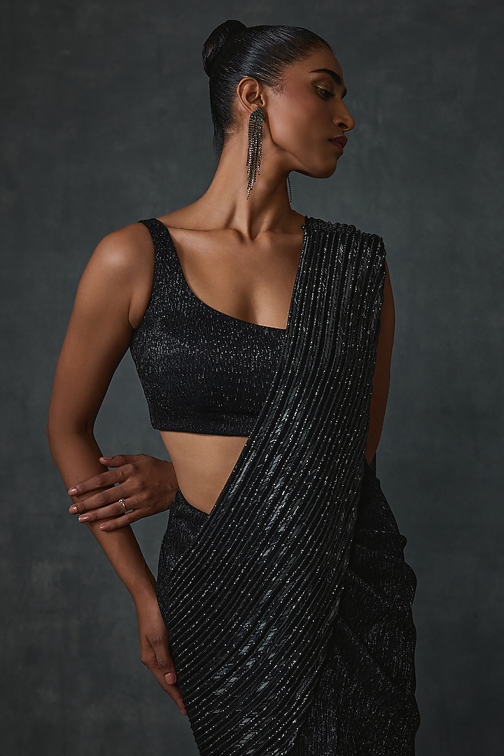 Black Shimmer Crepe Code Hand & Machine Embellished Draped Reception Saree Set by Namrata Joshipura at Pernia's Pop Up Shop