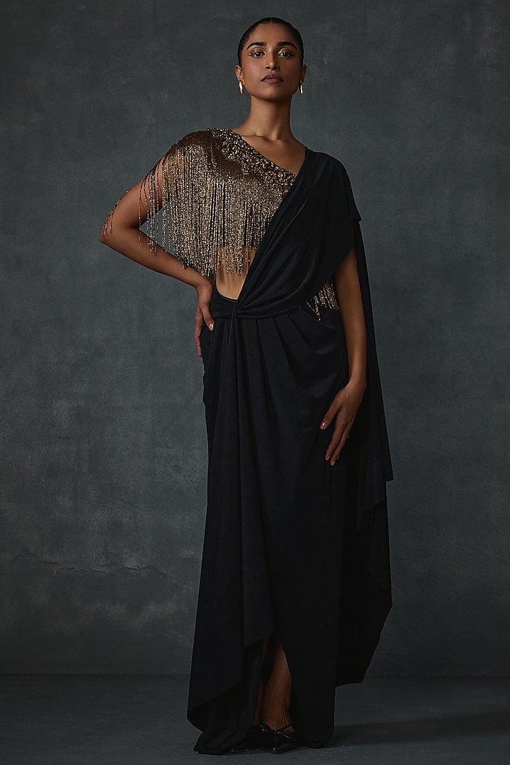 Black Jersey Floral Hand Embellished Draped Saree Set by Namrata Joshipura at Pernia's Pop Up Shop