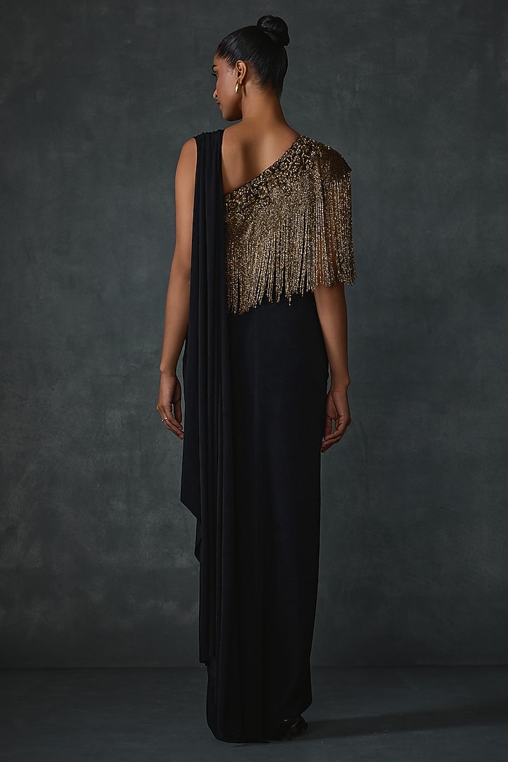 Black Jersey Floral Hand Embellished Draped Reception Saree Set by Namrata Joshipura at Pernia's Pop Up Shop