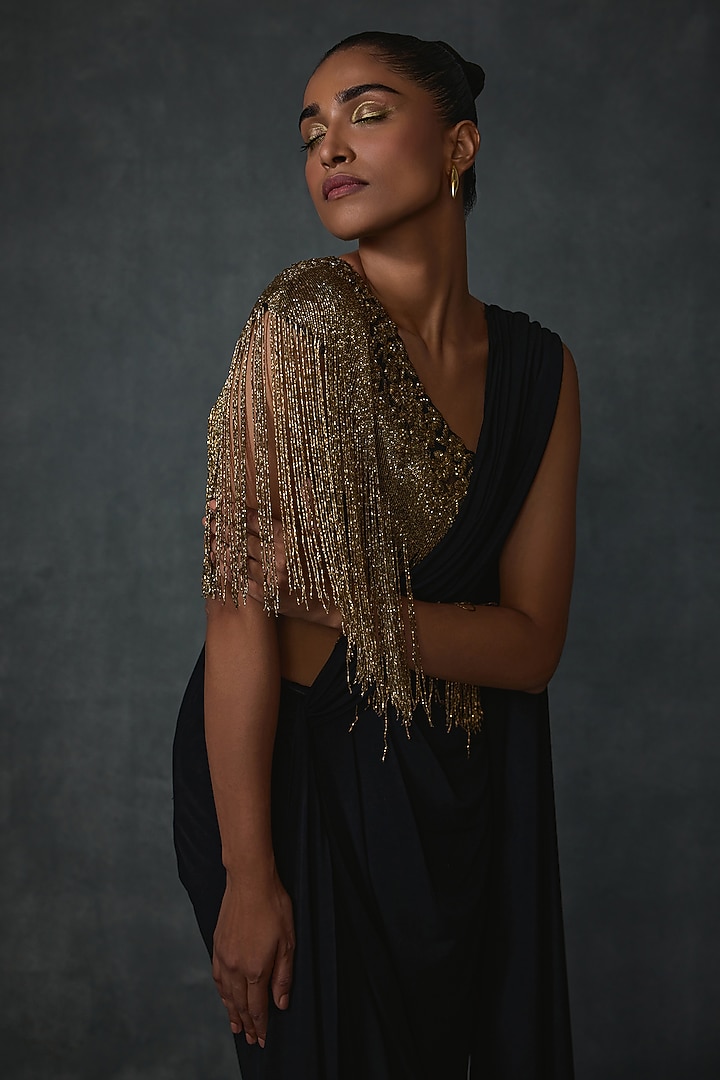 Black Jersey Floral Hand Embellished Draped Reception Saree Set by Namrata Joshipura at Pernia's Pop Up Shop