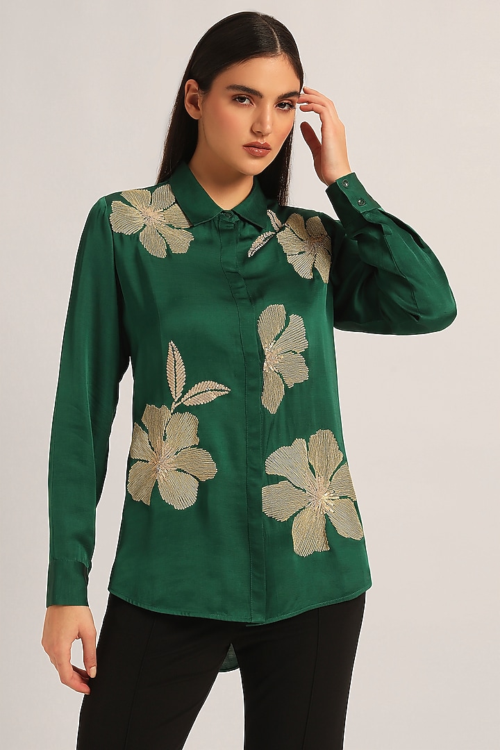 Green Modal Linen Floral Shirt by Namrata Joshipura at Pernia's Pop Up Shop