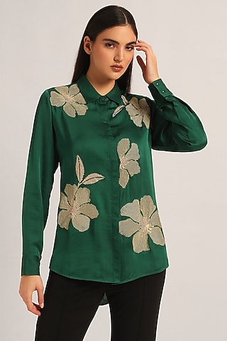 Green Modal Linen Floral Shirt by Namrata Joshipura