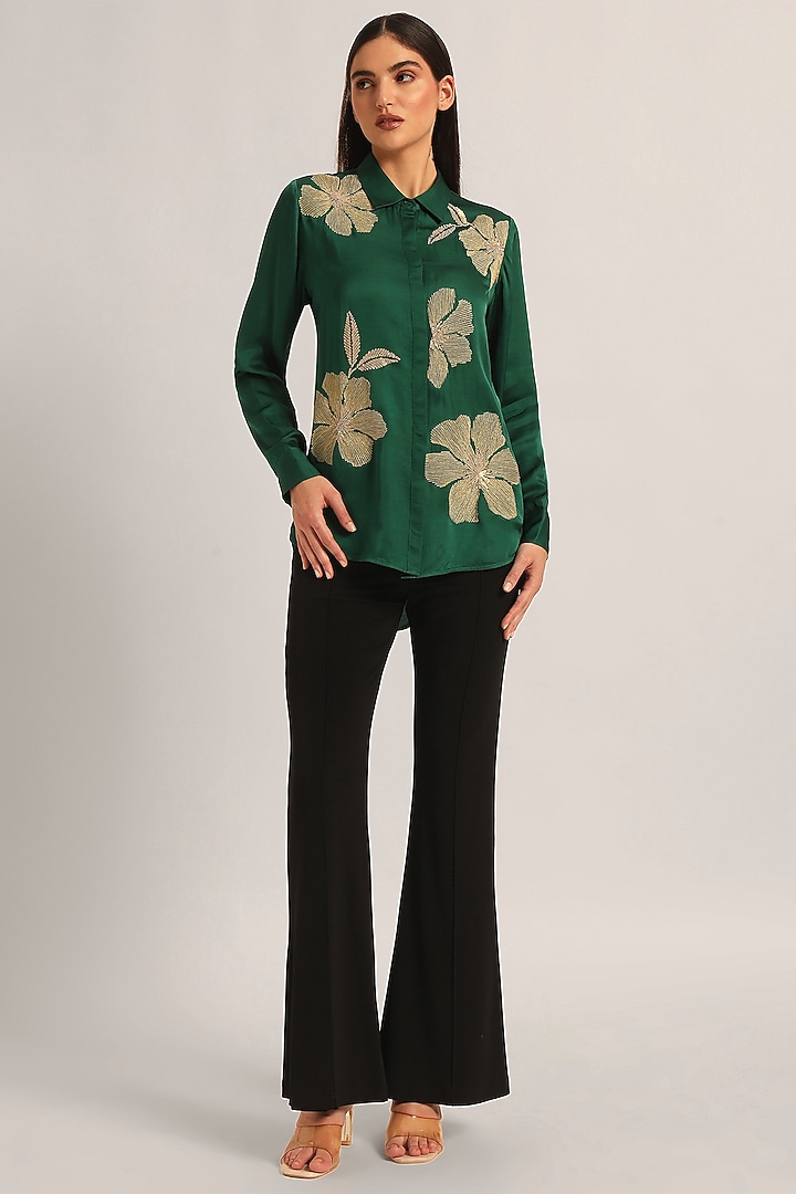 Green Modal Linen Floral Shirt by Namrata Joshipura at Pernia's Pop Up Shop