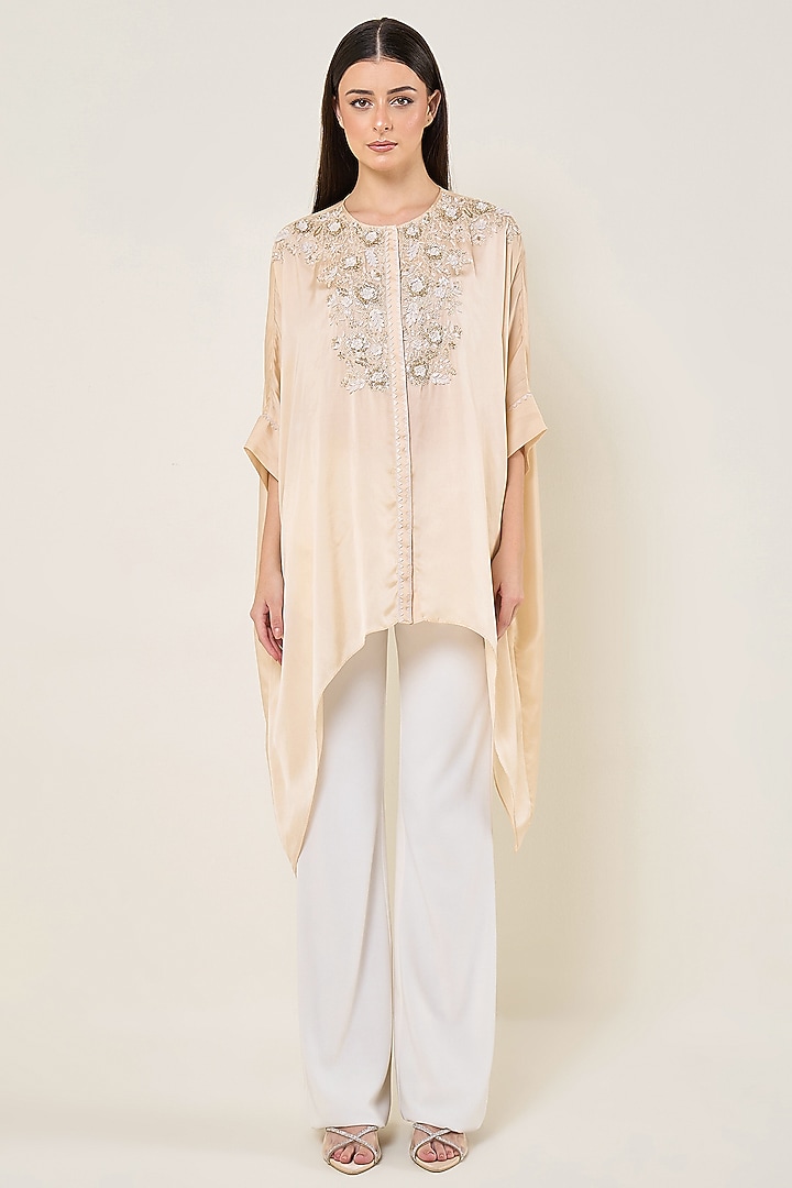 Seashell-Colored Cupro Satin Handkerchief Tunic by Namrata Joshipura at Pernia's Pop Up Shop