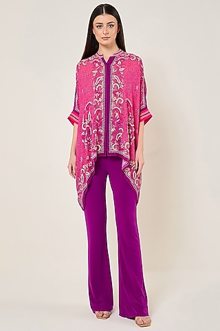 Fuchsia Georgette Paisley Printed Asymmetric Tunic by Namrata Joshipura