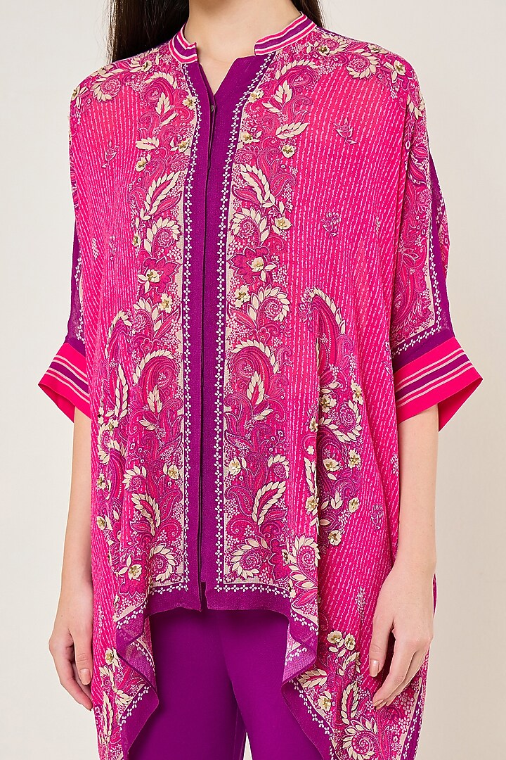 Fuchsia Georgette Paisley Printed Asymmetric Tunic by Namrata Joshipura at Pernia's Pop Up Shop