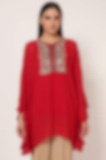 Red Georgette Frilled Tunic by Namrata Joshipura at Pernia's Pop Up Shop